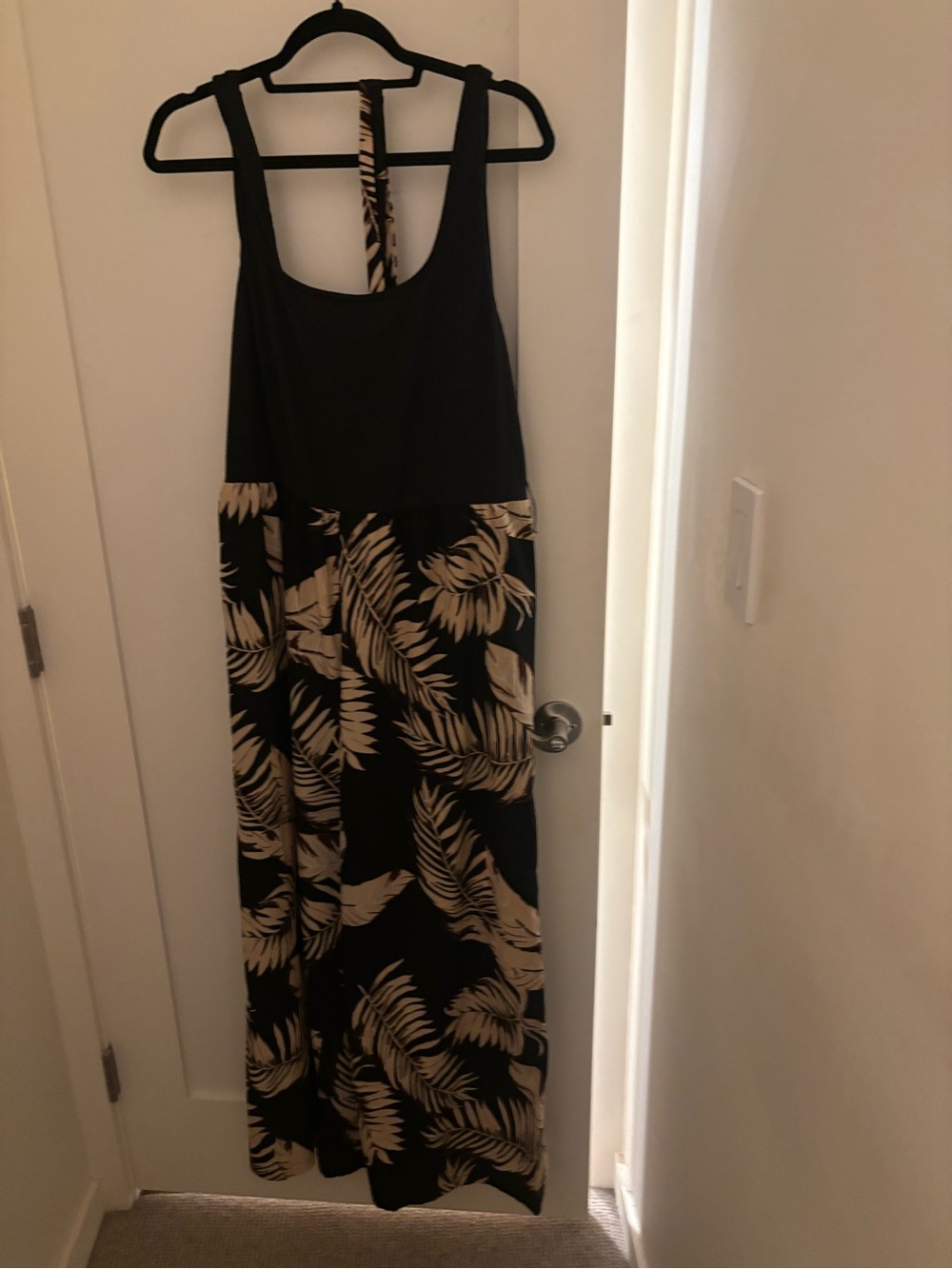 SHEIN Black Maxi Jumpsuit with Tan Tropical Print